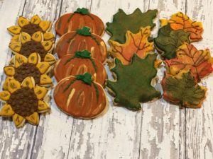 Fall Thanksgiving Themed Cookies - leaves, pumpkins and daisys