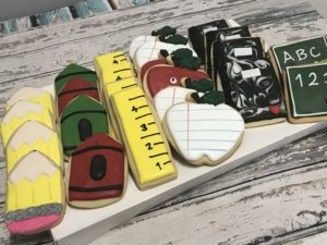 Teacher School Cookies - Crayons, chalkboard, rulers notebook cookies, pencil, apple cookies