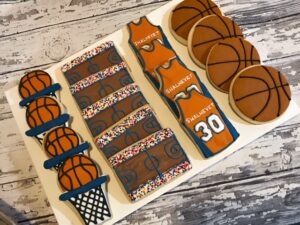 Basketball Hoop, Basketballs, Basketball field and jersey cookies - cookie favors