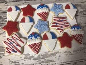 July 4th cookie set - Snow cones, Ice cream and star cookie favors - Independence day red white and blue cookies