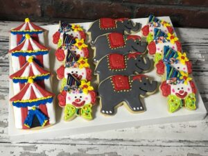 circus themed cookies - elephant, popcorn, circus tent and clowns