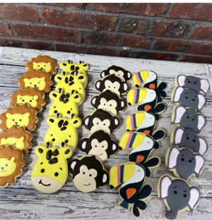 Safari animal themed cookies - lion, elephant, toucan, monkey, tiger